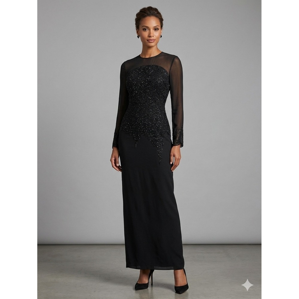 Vintage JMD New York Silk Maxi Dress S Black Beaded Sheer Evening Gown Formal
